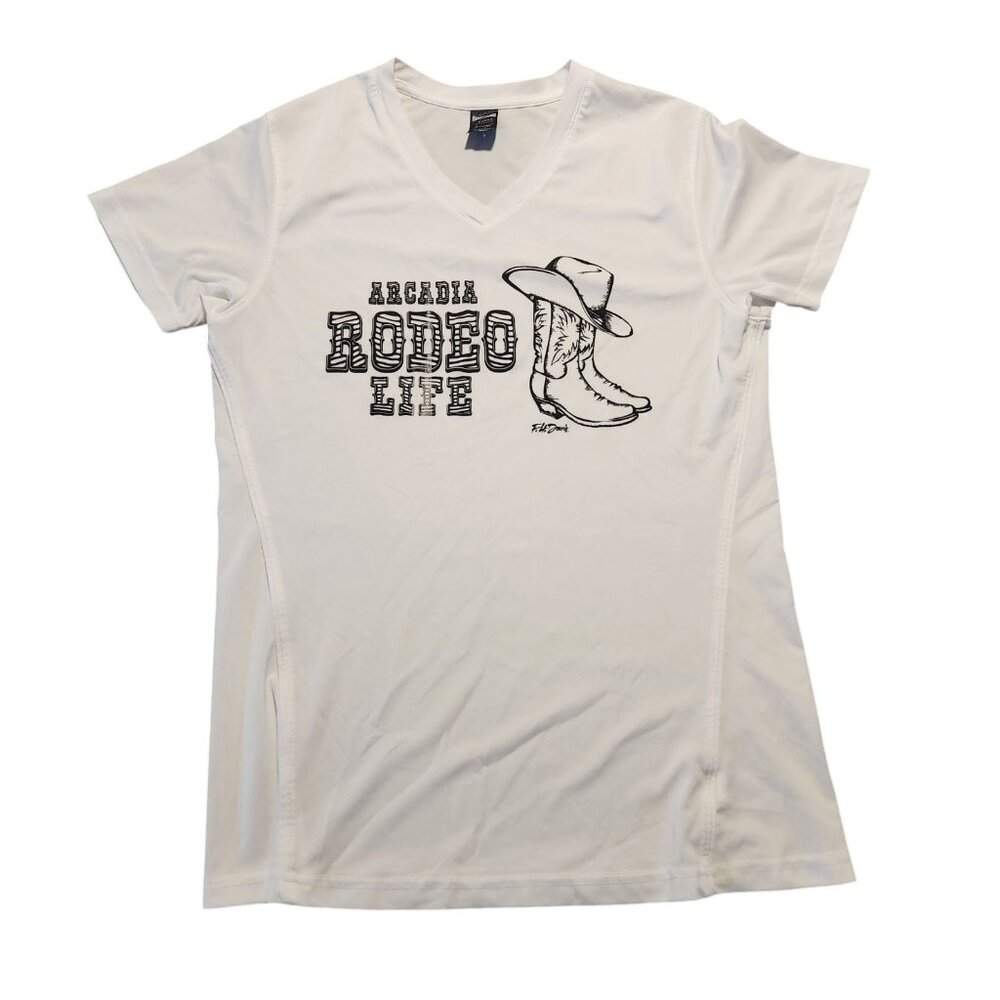 Arcadia‎ Rodeo Life T-Shirt Cowgirl Boots V-Neck Western White Womens Medium